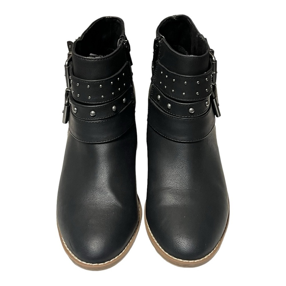 Rocket Dog Black Faux Leather Studded Buckle Zip 2.5”Heel Ankle Moto Boots 9